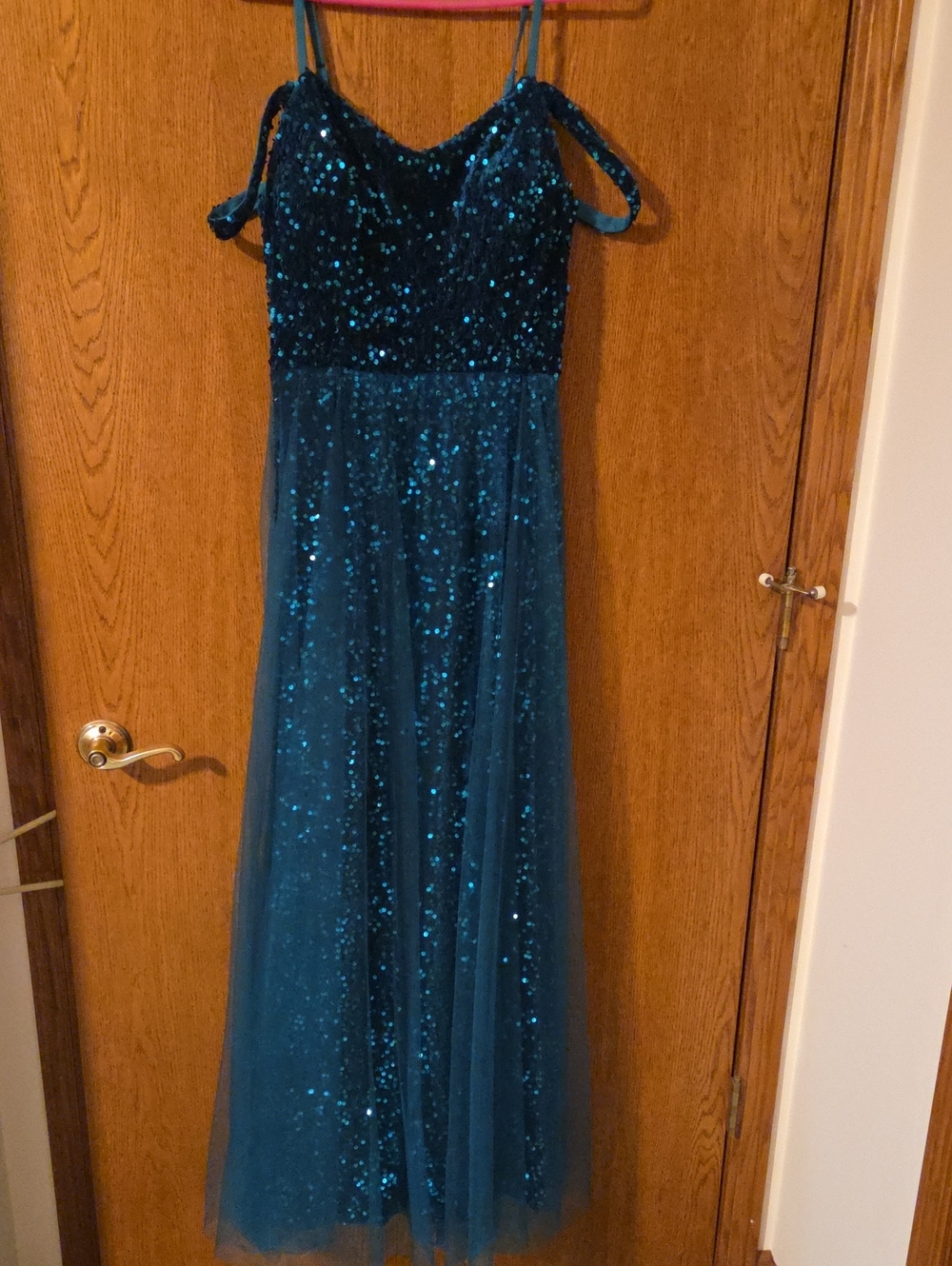 Womens Teal Sequin Tulle Maxi Dress - Sparkle Party Dress